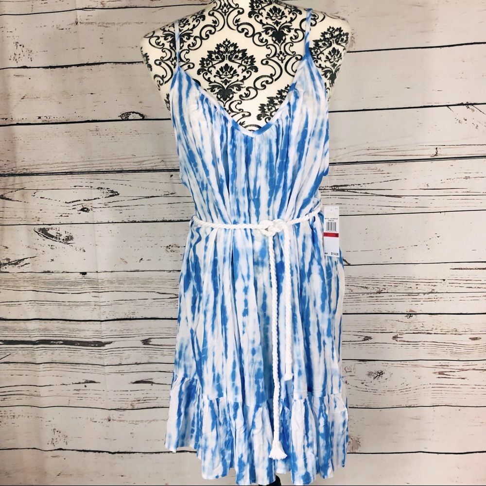 Michael Kors Rope Belted Cover Up Dress Deep V Tie Dye Daydream Blue White XS